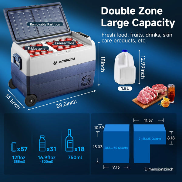 AAOBOSI 50L Compressor Car Fridge Freezer, Portable Camping Fridge with APP Control for 12/24V DC & 100-240V AC, Electric Cooler for Truck Campervan RV Boat, -20℃ to 20℃