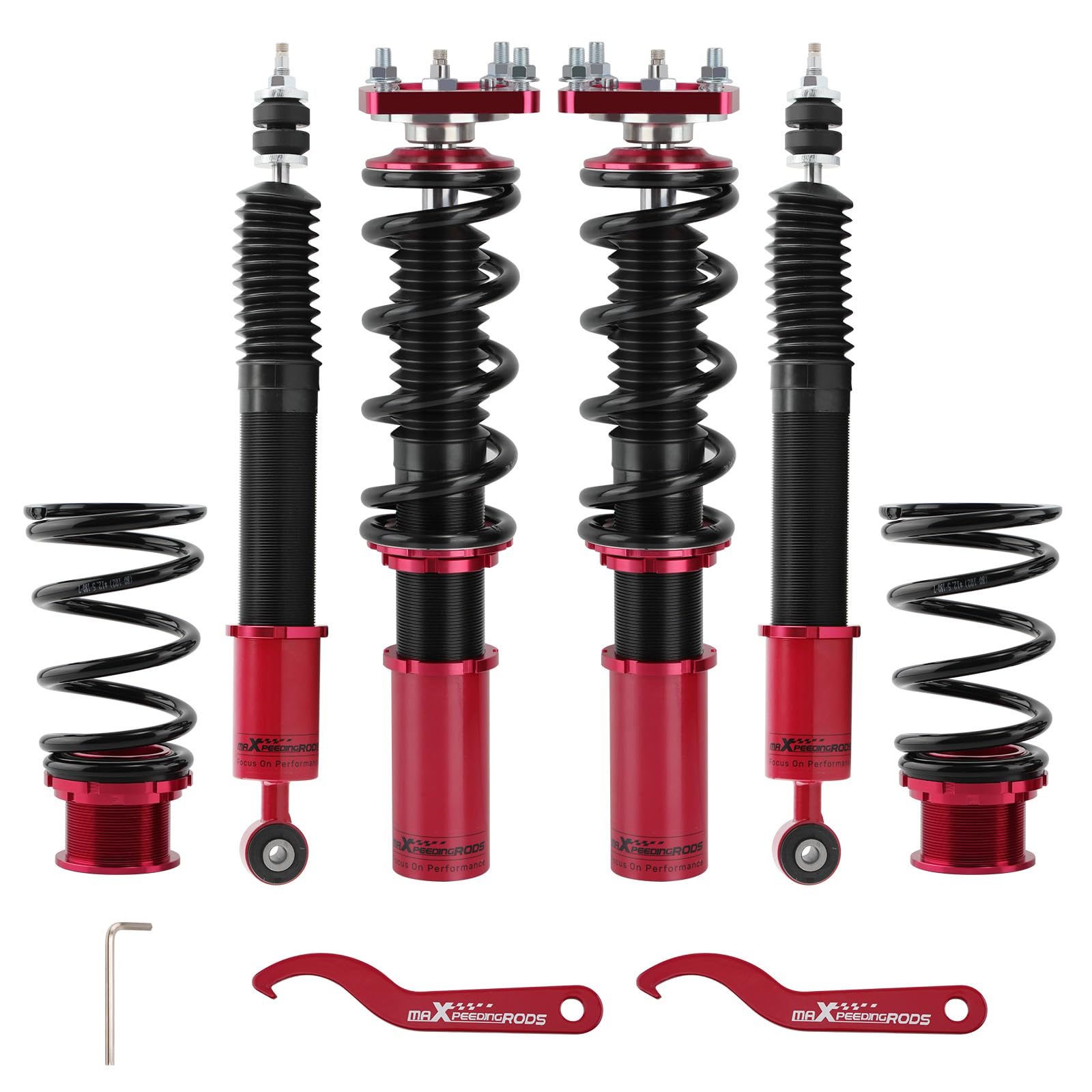 maXpeedingrods Coilovers for Ford Mustang Base/GT SN95 1994-2004, 24 Levels Damper Adjustable Coilovers Suspension Kit, Shock Absorber Struts, Height Adjustable Lowering Kit, Red