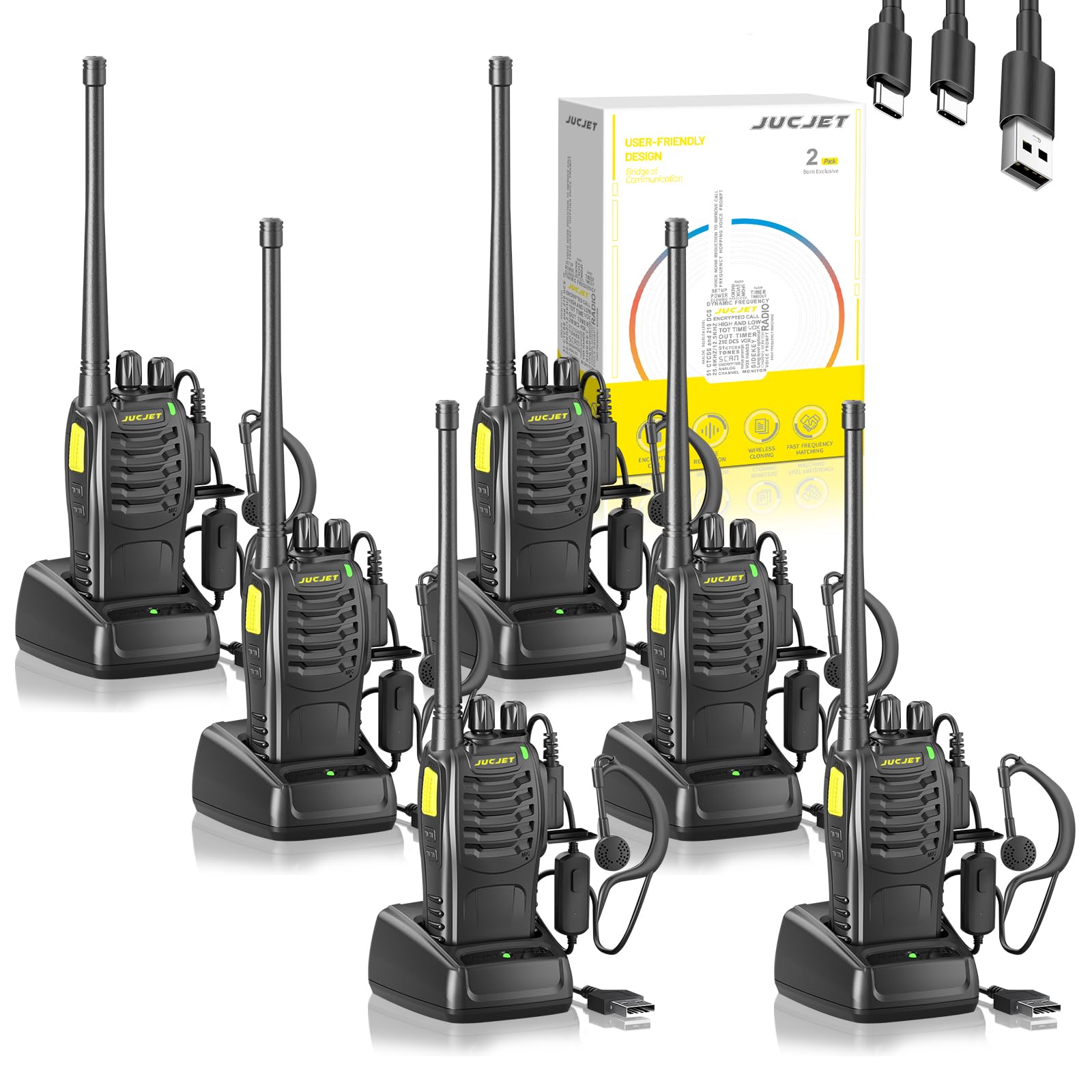 JUCJET Walkie Talkies 2023 Upgraded 88E Walkie Talkie Long Range for Adults with Earpieces, 16 Channel Handheld 2 Way Radio Rechargeable with Flashlight Li-ion Battery and Charger(4 Pack)