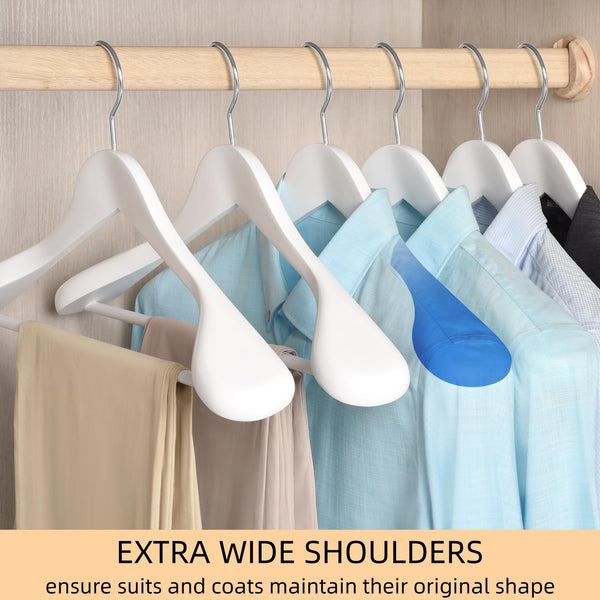 Amber Home 44.5cm White Wooden Suit Hangers 10pcs with Wide Shoulder(5.8cm), Heavy Duty Smooth Wood Coat Hanger with Non Slip Pants Bar, Solid Clothes