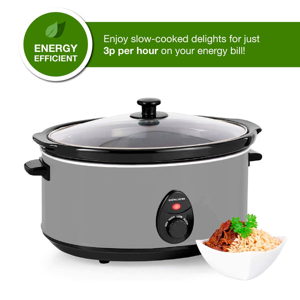 Andrew James 6.5L Slow Cooker with Removeable Easy Clean Ceramic Bowl, 3 Temperature Settings, Energy Efficient Large Slow Cooker with Tempered Glass Lid, Cool Touch Handles & Non-Slip Feet (Grey)