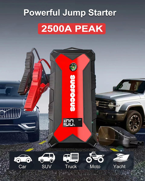 Jump Starter Power Pack, 2500A Car Battery Booster Jump Starter (for 8.0L Gas or 6.5L Diesel Engine), Car Jump Starter Power Bank, Battery Jump Starter with Jump Leads, LED Light/USB QC3.0