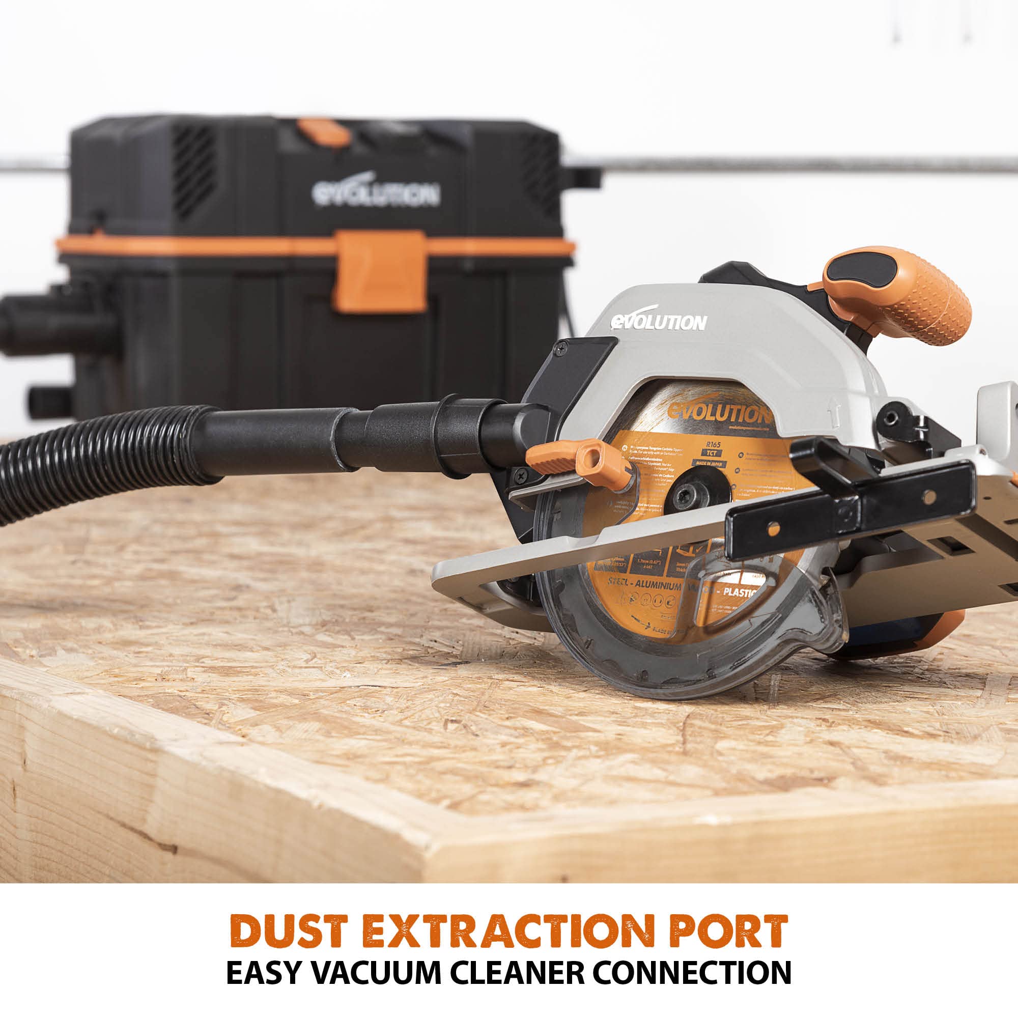 Evolution Power Tools R185CCSX Circular Saw With 1020 mm 3-Piece Track | Multi-Material Blade, Cuts Wood, Metal, Plastic & More | Incl Dust Port Adapter | 185mm (230v)
