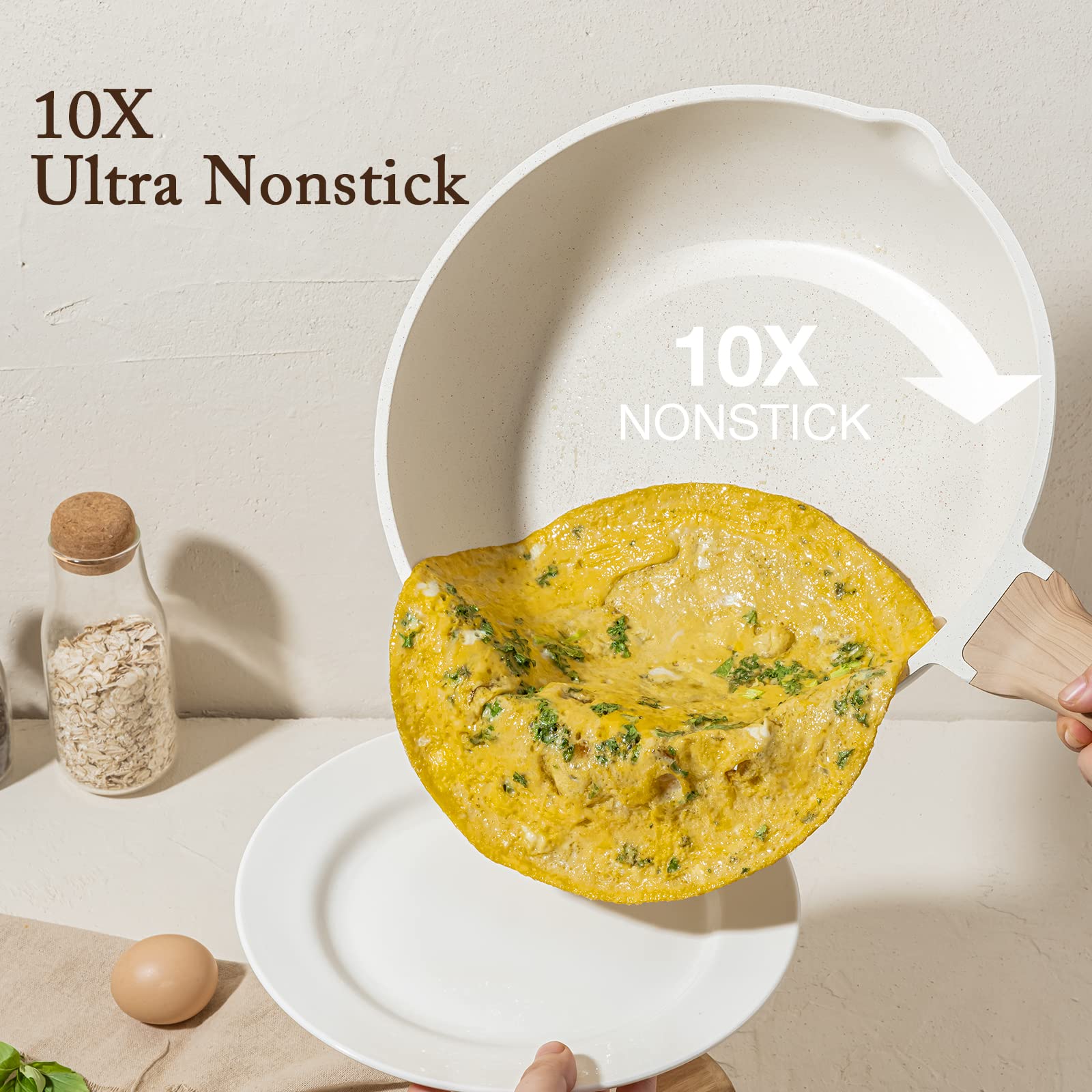 CAROTE Pots and Pans Sets Non Stick, 8 PCS White Granite Induction Hob Pan Set, Natural Non Toxic Cooking Cookware Set with Saucepan Set,Suitable for All Stoves