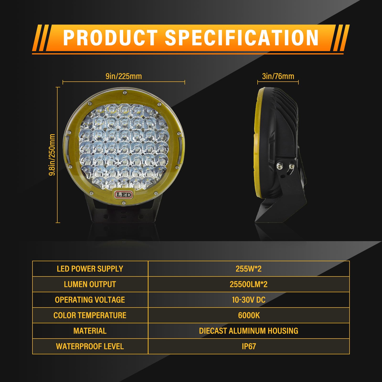 RIGIDON 2 Pcs Black Case Round Led Work Light, 9 inch 294W Spot Beam, 12V 24V Driving Lights Lamp Headlight for Car Off road Boat Truck 4x4 SUV ATV Tractors Excavator, 6000K White, Fog Lamp