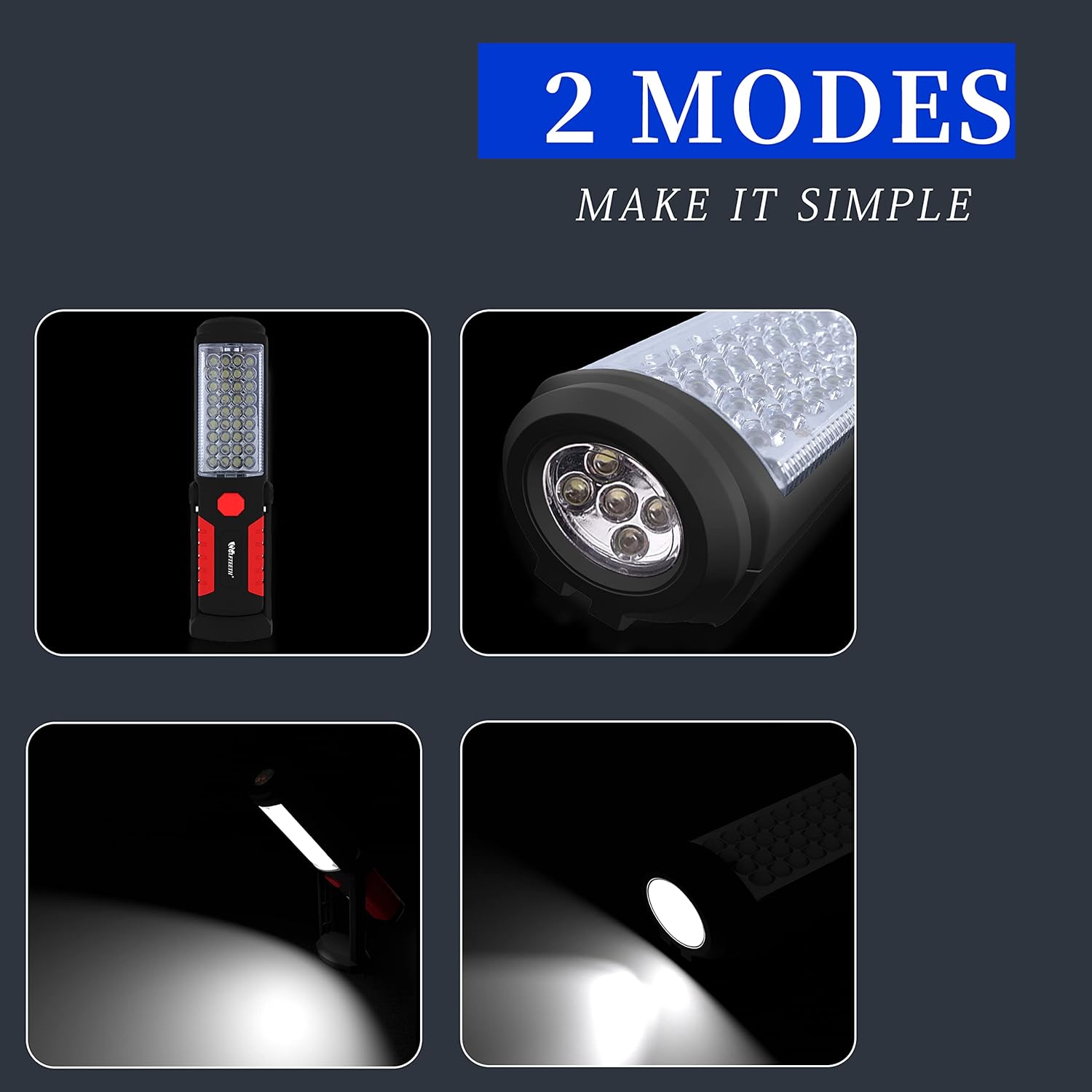 Wolfteeth LED Torches, 36+5 Magnetic Work Light Portable Flashlight Inspection Lamp Camping Light, 360 Degree Hanging Rotary Hook and 270 Degree Magnet Stand Base for Home Work Emergency Use 7192