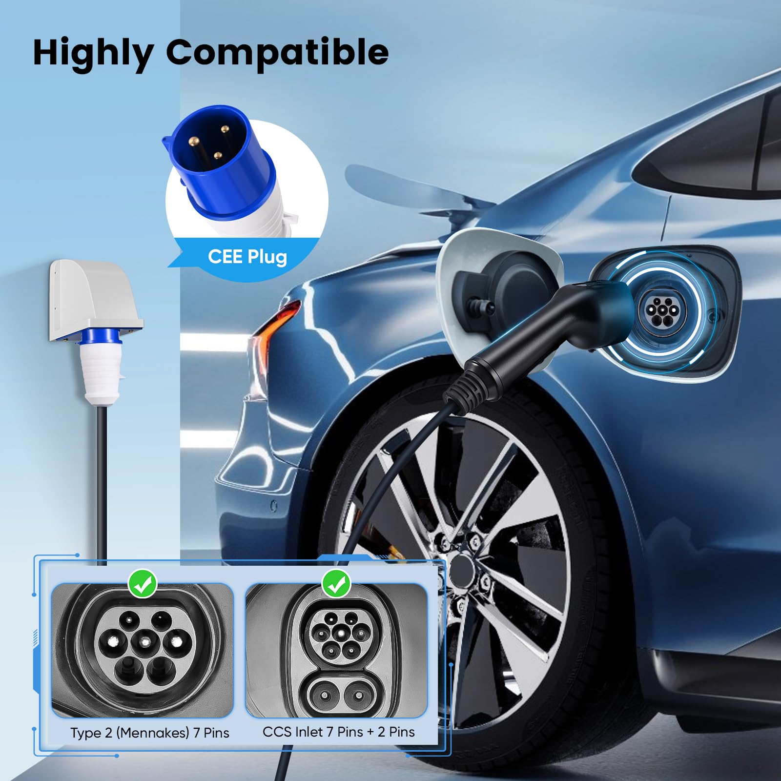 EVJUICION EV Charger Type 2 to 3 Pin 6M, 6/8/10/13A Adjustable, 12 Hours Delay Timer, Touch Control, IP67 Waterproof, 3.3kW Electric Car Charger, EV Charger Cable Type 2 to 3 Pin Plug with Cable Bag