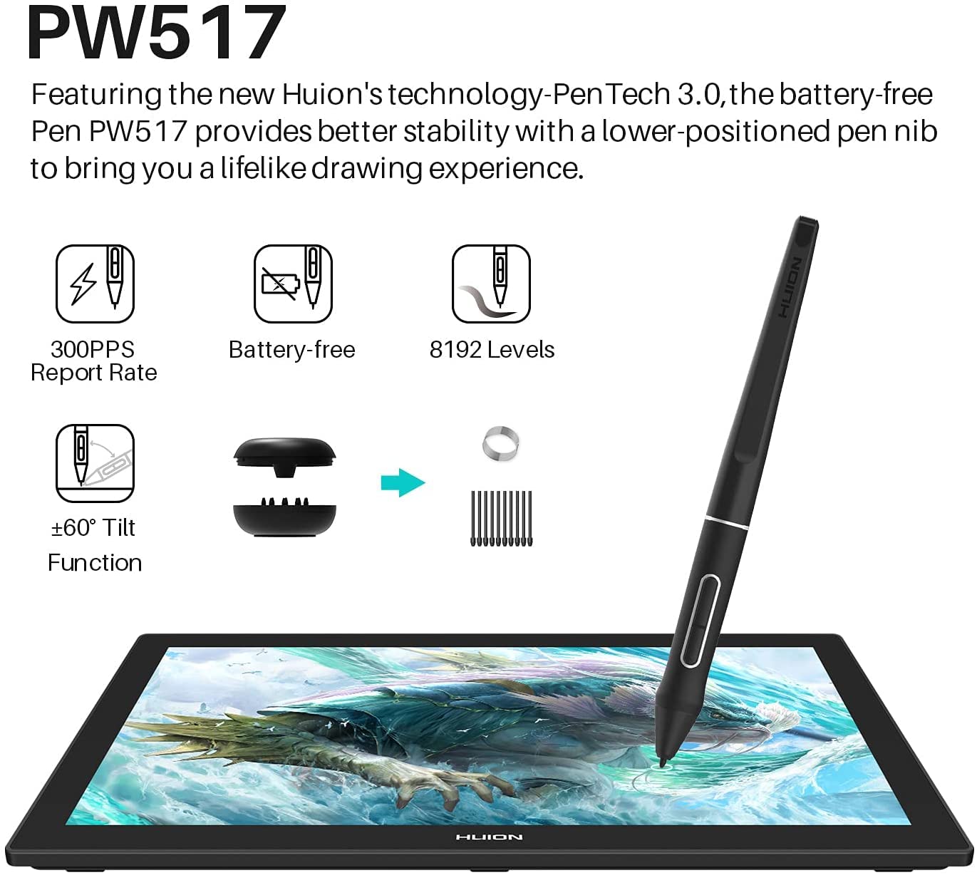 HUION Kamvas Pro 16(4K) UHD Graphic Tablet with Screen, 15.6-inch Monitor Full-Laminated Anti-Glare, Tilt Function 8192 Battery-Free Stylus PW517 for PC, Mac, Android