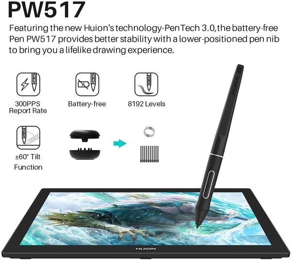 HUION Kamvas Pro 16(4K) UHD Graphic Tablet with Screen, 15.6-inch Monitor Full-Laminated Anti-Glare, Tilt Function 8192 Battery-Free Stylus PW517 for PC, Mac, Android