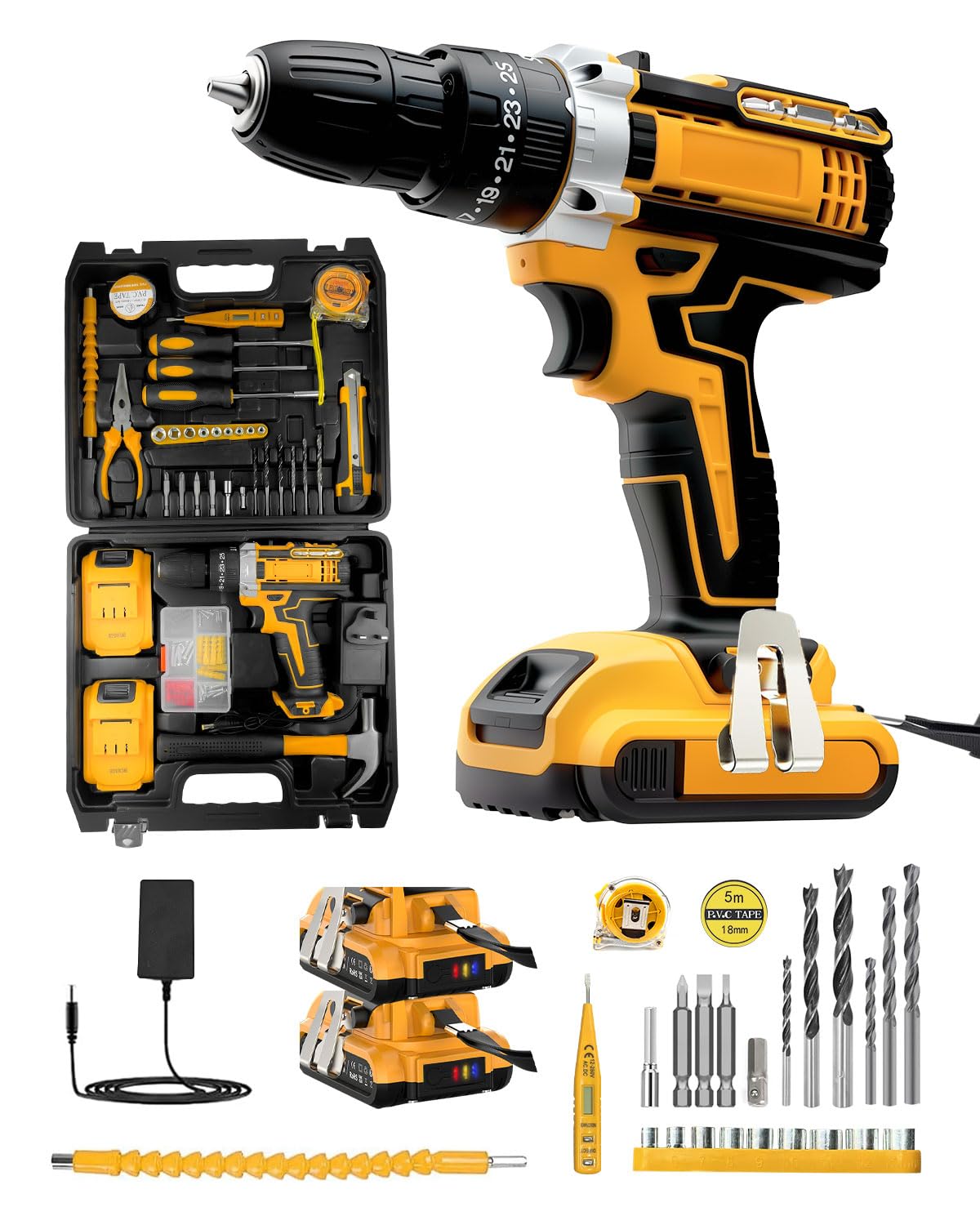 KALAHOL Cordless Drill Set 21V, 99PCS Electric Screwdriver Set with 2 Batteries 2000mAh, 25+3 Torque Cordless Hammer Drill, 42N.m Max, 2 Speed, LED Work Light for Home and Garden DIY Project, Yellow
