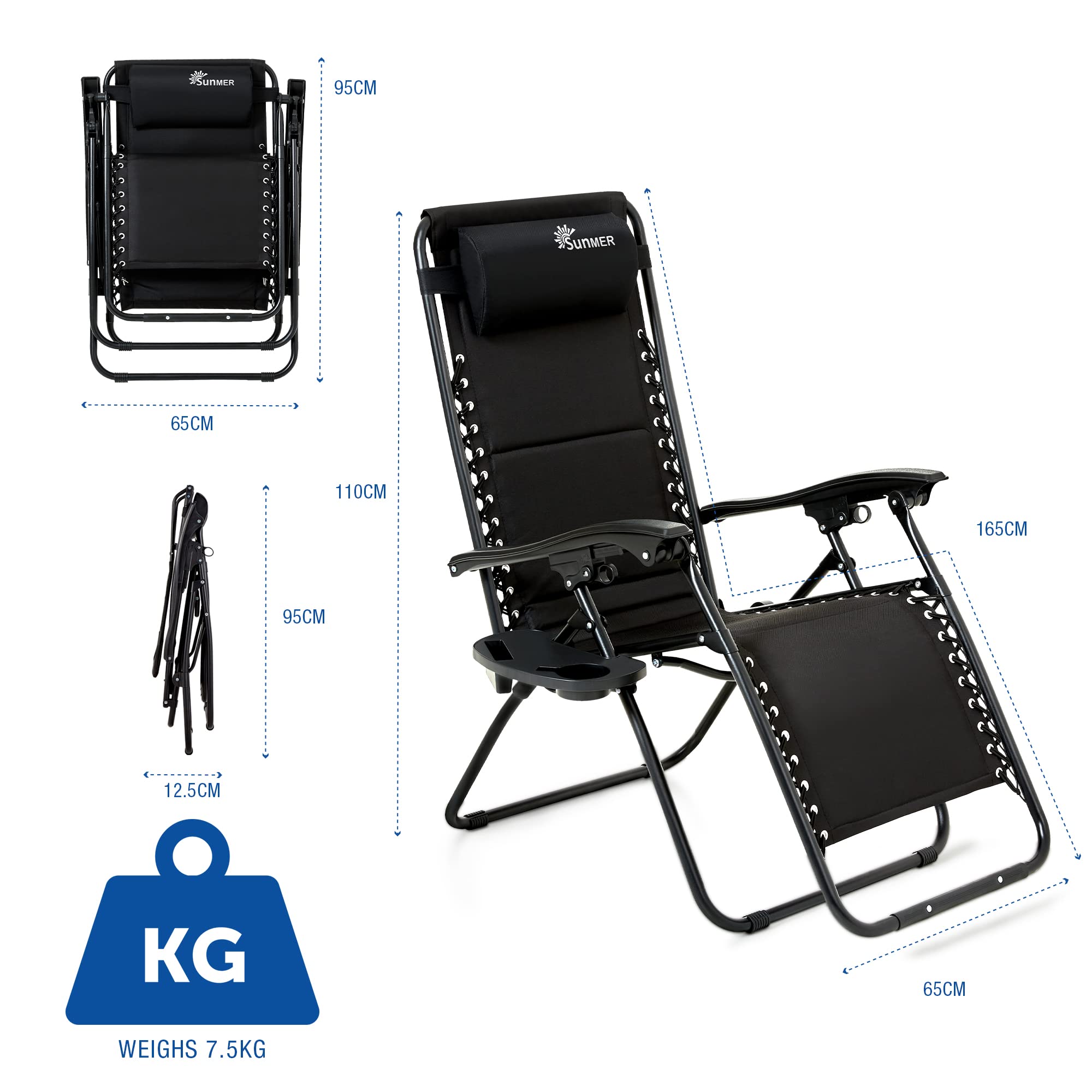 Set of 2 Sun Lounger Garden Chairs With Cup And Phone Holder | Adjustable Headrest Pillow | Deck Folding Recliner Zero Gravity Outdoor Chair - Black