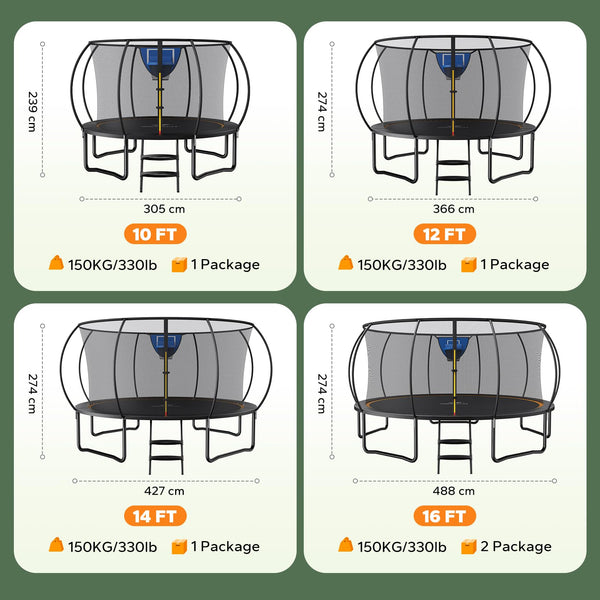 MERACH Trampoline 10ft/12ft/14ft/16ft, Outdoor Large Trampolines with Safety Net & Basket Ball, Max Load 330lb Rebounder Trampoline for Adults Family