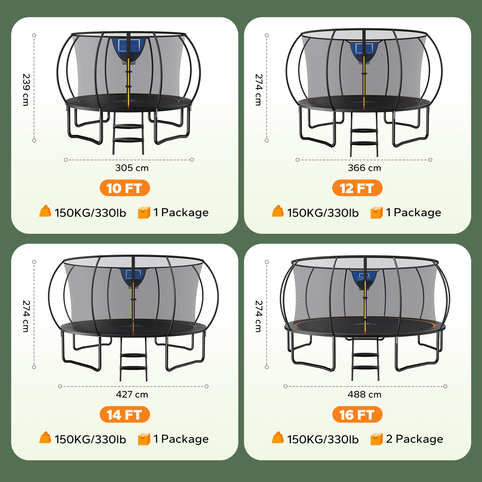 MERACH Trampoline 10ft/12ft/14ft/16ft, Outdoor Large Trampolines with Safety Net & Basket Ball, Max Load 330lb Rebounder Trampoline for Adults Family