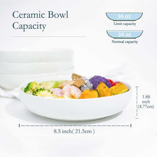 Jassceram 8.5 Inch Pasta Bowls Set of 6, 36 Oz Porcelain Salad Serving Bowls, Large Wide Pasta Plates for Kitchen, Round Dinnerware Dishes -
