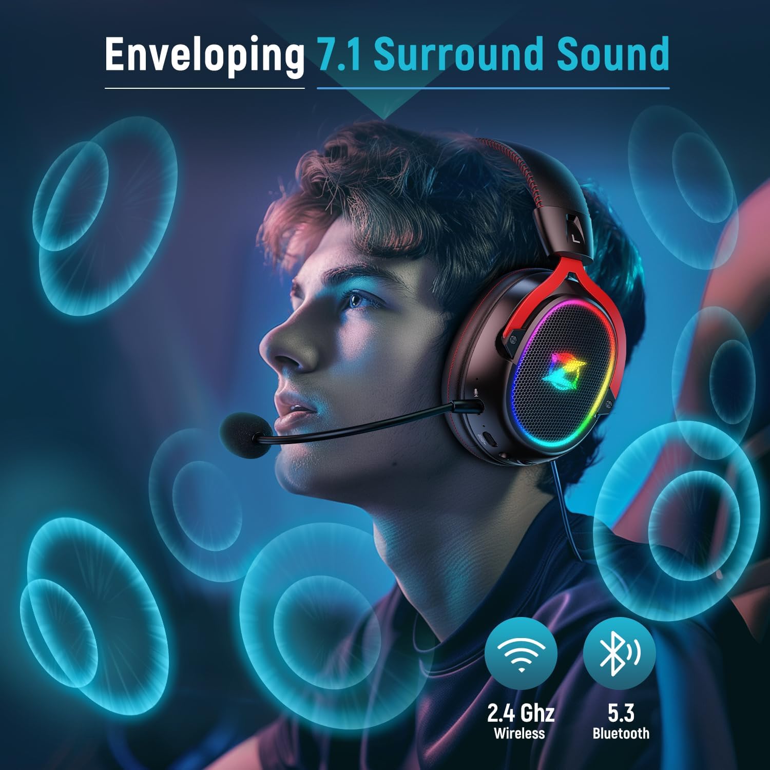 Ozeino Wireless Gaming Headset, 2.4 GHz Lossless Connection, 7.1 Surround Sound, Bluetooth Gaming Headphones with Detachable ENC Noise Canceling Mic, 45-Hour Battery for Ps5, Ps4, PC, Laptop, Switch