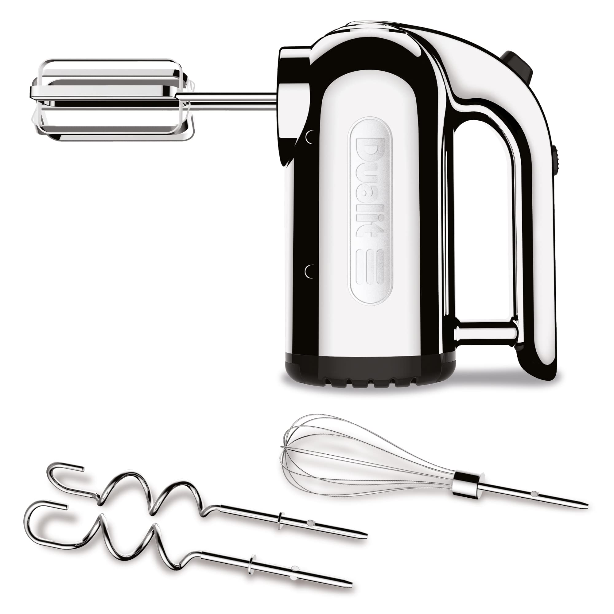 Dualit Hand Mixer Chrome - 400W - Strong Grip Handle - Attachments Included - Integral Plug Storage - 4 Speed Settings - Repairable gears - Flat