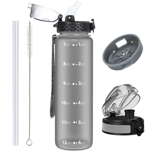 OLDLEY 1L/32oz Sports Water Bottle, 1000ml Motivational Drinks Bottle with Time Markings Leak Proof Drink & Lock Cover & No Straw, BPA Free for Adults Women Men Gym School Cycling Running Hiking