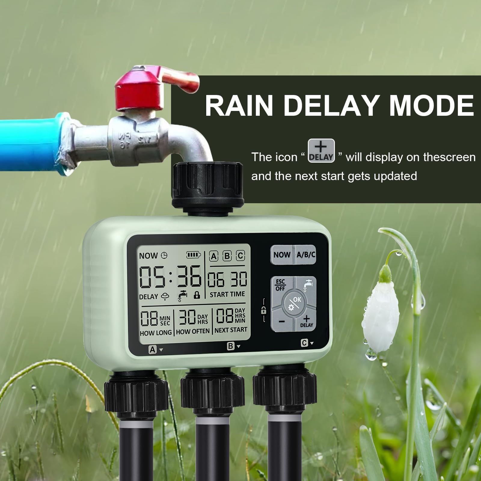 Johgee 3 Zone Water Timer for Irrigation, Sprinkler Timer 3 Outlet, Garden Hose Timer, Garden Watering System Irrigation System Controller with Auto &