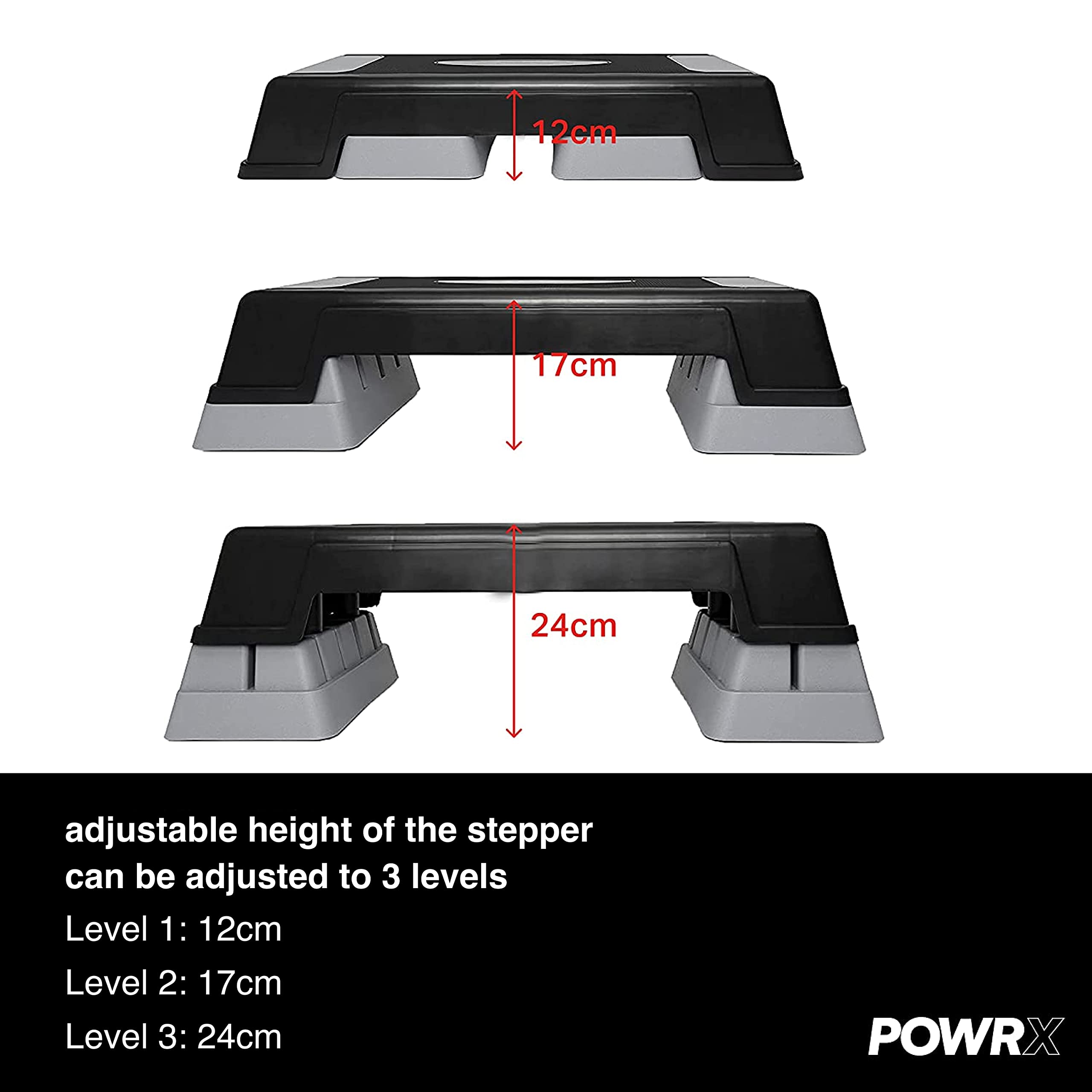 POWRX aerobic stepping board 12/17/24cm (3 levels) I Stepper height-adjustable and non-slip for Aerobics, Gymnastics and Fitness I Home Step Stepbench