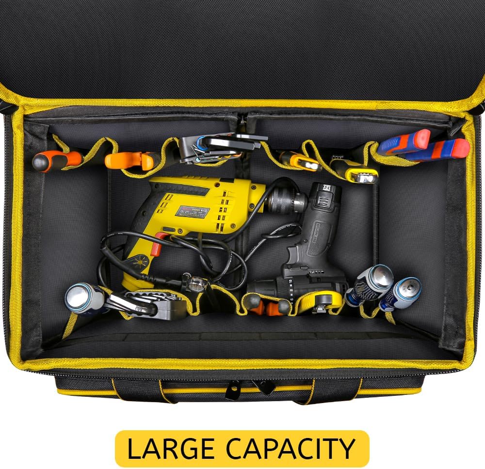 WINNHUNT 46cm Wide Mouth Rolling Tool Bag, 32 Pocket Tool Trolley Bag with Telescopic Handle and 2 Wheels, Black