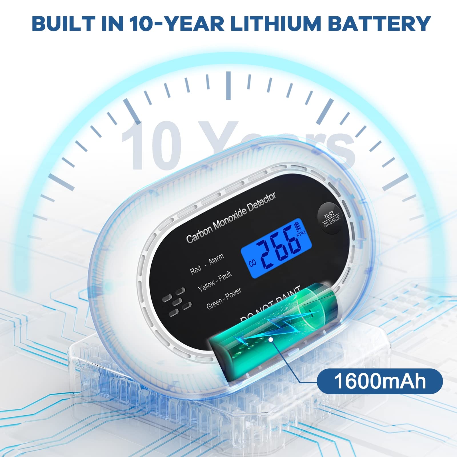 Carbon Monoxide Detector with LCD Digital Display, CE Certified CO Alarm with Sealed in 10 Year Battery, Standalone Audible CO Detector for Home,Black,1 Pack