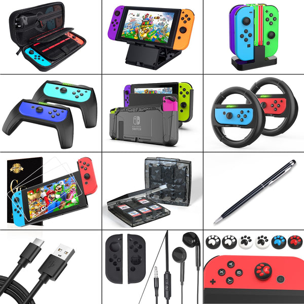 Deruitu Switch Accessories Bundle Compatible with Nintendo Switch, Kit with Carrying Case, Screen Protector, Compact Playstand, Game Case, Joystick Cap, Charging Dock,Steering Wheel