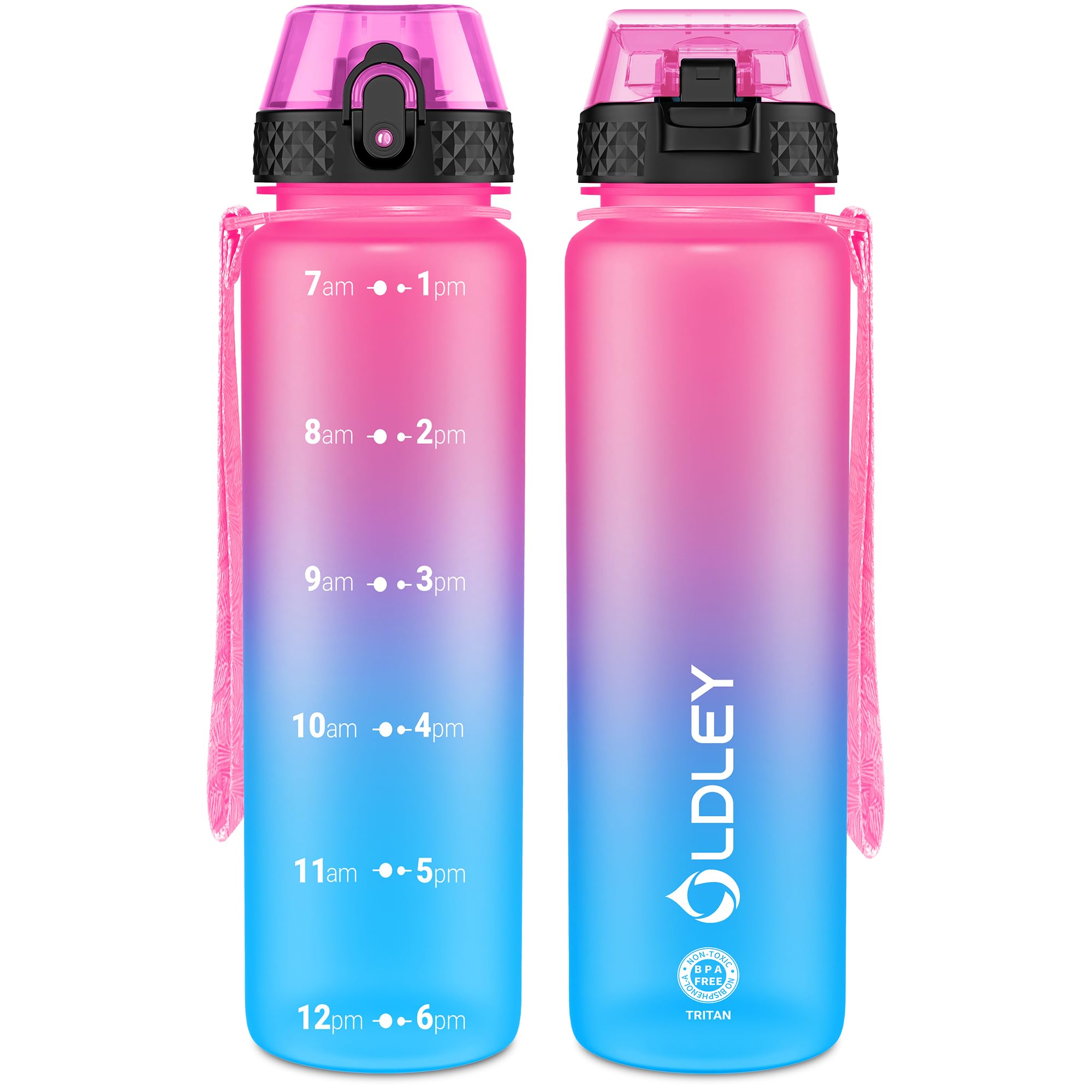 OLDLEY 1L/32oz Sports Water Bottle, 1000ml Motivational Drinks Bottle with Time Markings Leak Proof Drink & Lock Cover & No Straw, BPA Free for Adults Women Men Gym School Cycling Running Hiking