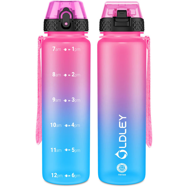 OLDLEY 1L/32oz Sports Water Bottle, 1000ml Motivational Drinks Bottle with Time Markings Leak Proof Drink & Lock Cover & No Straw, BPA Free for Adults Women Men Gym School Cycling Running Hiking