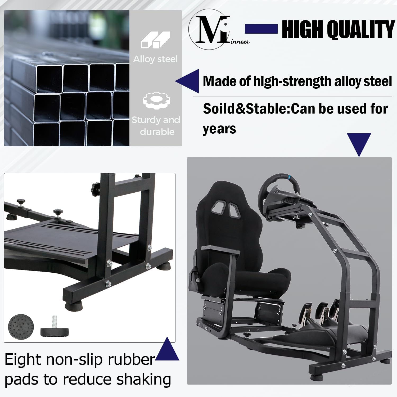 Minneer Racing Simulator Cockpit with Gaming Seat(Black) Stand-Up Fit for Logitech Fanatec Thrustmaster G29, G27, G25, G923 Adjustable Gaming Steering Wheel Stand Without Wheel and Pedals