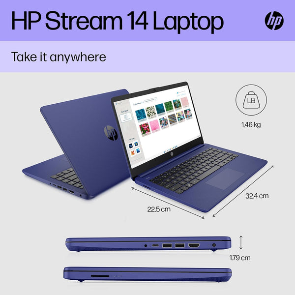 HP Stream 14" Laptop, Intel N4120 Processor, 4 GB RAM, 64 GB eMMC, Intel UHD Graphics, HD Display, Dual Speakers, Microsoft 365 Personal 12 month included, Win 11, Jet Black, 14s-dq0000sa