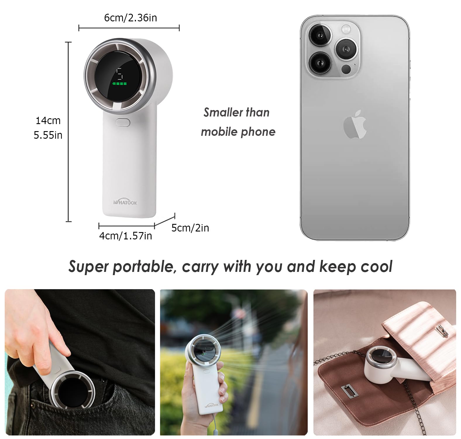 WHATOOK Handheld Fan, 2024 High Speed Cooling Turbo Mini Portable Rechargeable Fan with LED Display/2H Fast charging, Personal Small Stylish 5 Speeds Fan for Man Outdoor Beach Travel Vacation