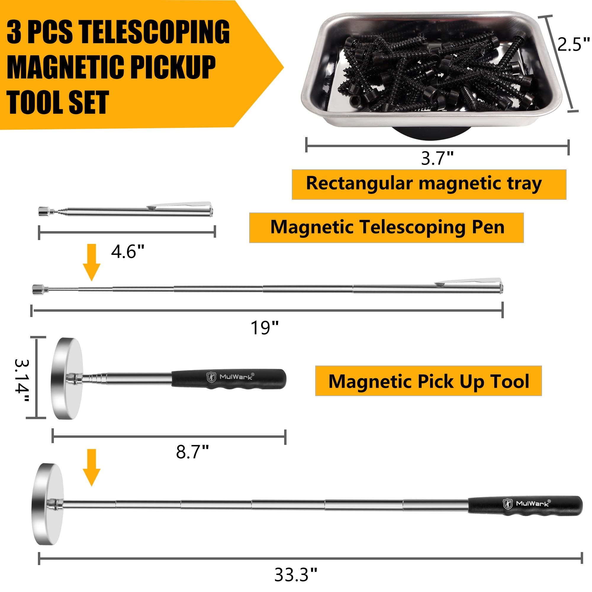 Mulwark Magnetic Sweeper Telescoping Pick-up Tool, 35LB Magnetic Stick, 1lb Magnetic Telescoping Pen, Magnetic Tray. Ideal for Picking up Nails, Screws, and Metal Debris