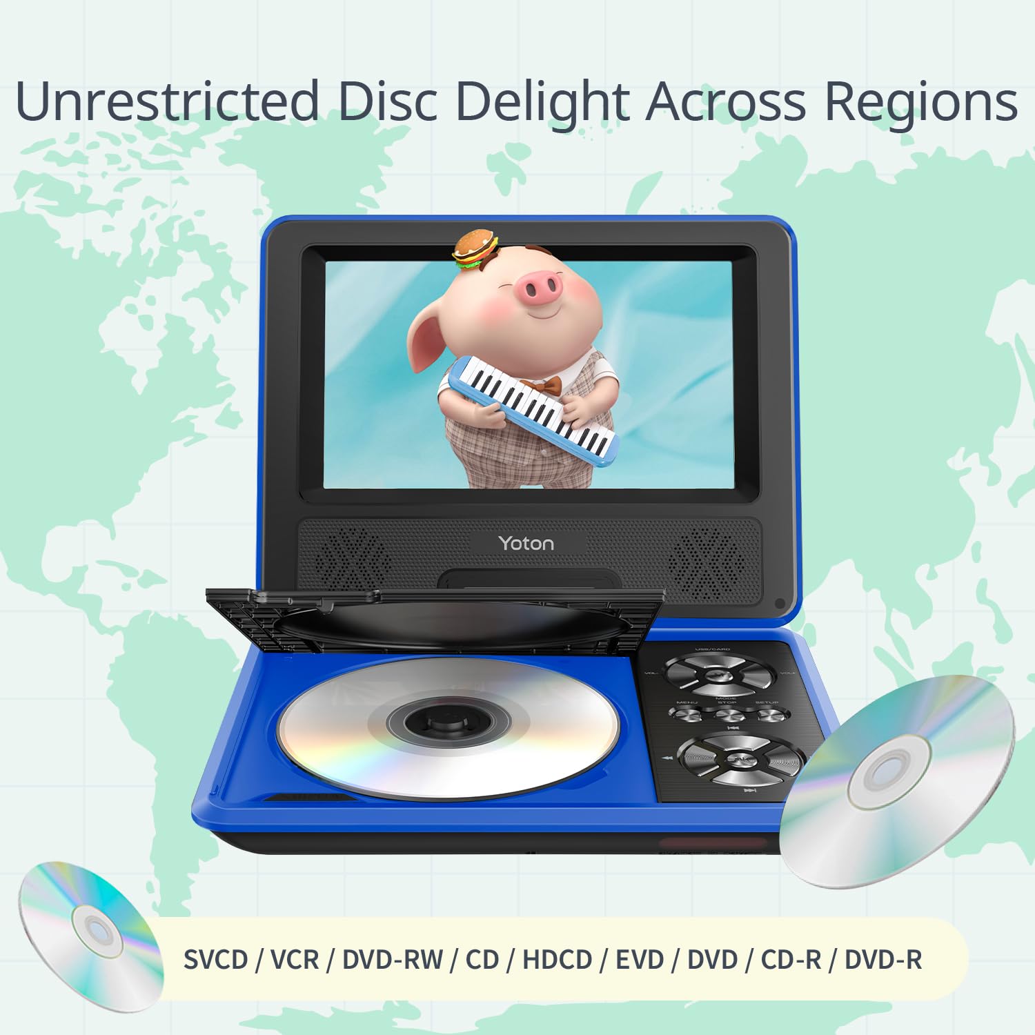 9.5" Portable DVD Player with 7.5" HD Swivel Screen for Car and Kids, 4-6 Hours Working time with Built-in Battery, Headphone/AV-IN/AV-OUT/USB/SD Card [Not Support Blu-ray]