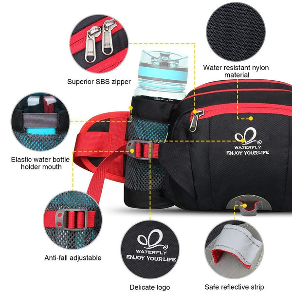Waterfly Hiking Waist Pack Bum Bag Waist Bag with Bottle Holder Running Bag for Camping Climbing Travel Cycling and Dog Walking