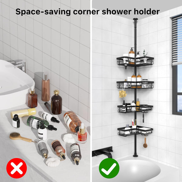 Kegii Telescopic Shower Caddy Corner - Stainless Steel Shower Shelf No Drilling Bathroom Caddy with Soap Holder and Hooks(White), On The Bath or Stand Up Shower