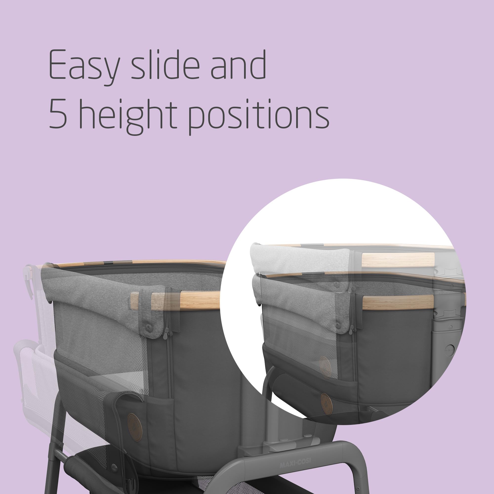 Maxi-Cosi Iora Co-Sleeper Crib, Foldable Baby Bedside Crib, 0–6 Months, max 9 kg, 4 Incline & 5 Height Positions, Easy Slide, Comfortable Mattress, Large Basket, Easy to Carry, Essential Grey