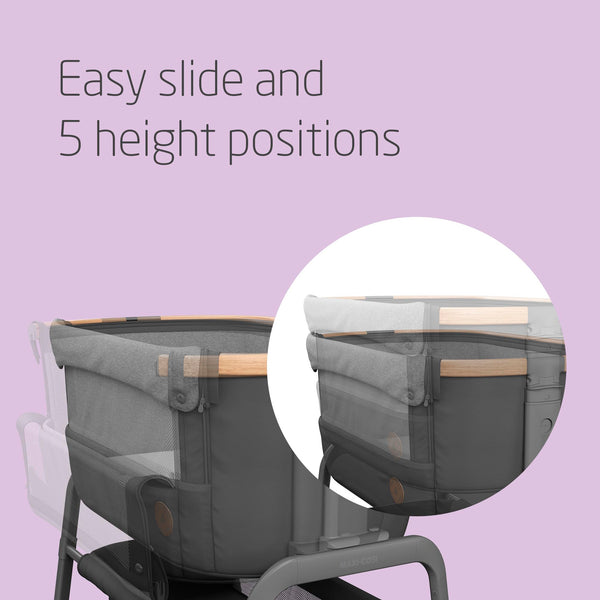 Maxi-Cosi Iora Co-Sleeper Crib, Foldable Baby Bedside Crib, 0–6 Months, max 9 kg, 4 Incline & 5 Height Positions, Easy Slide, Comfortable Mattress, Large Basket, Easy to Carry, Essential Grey