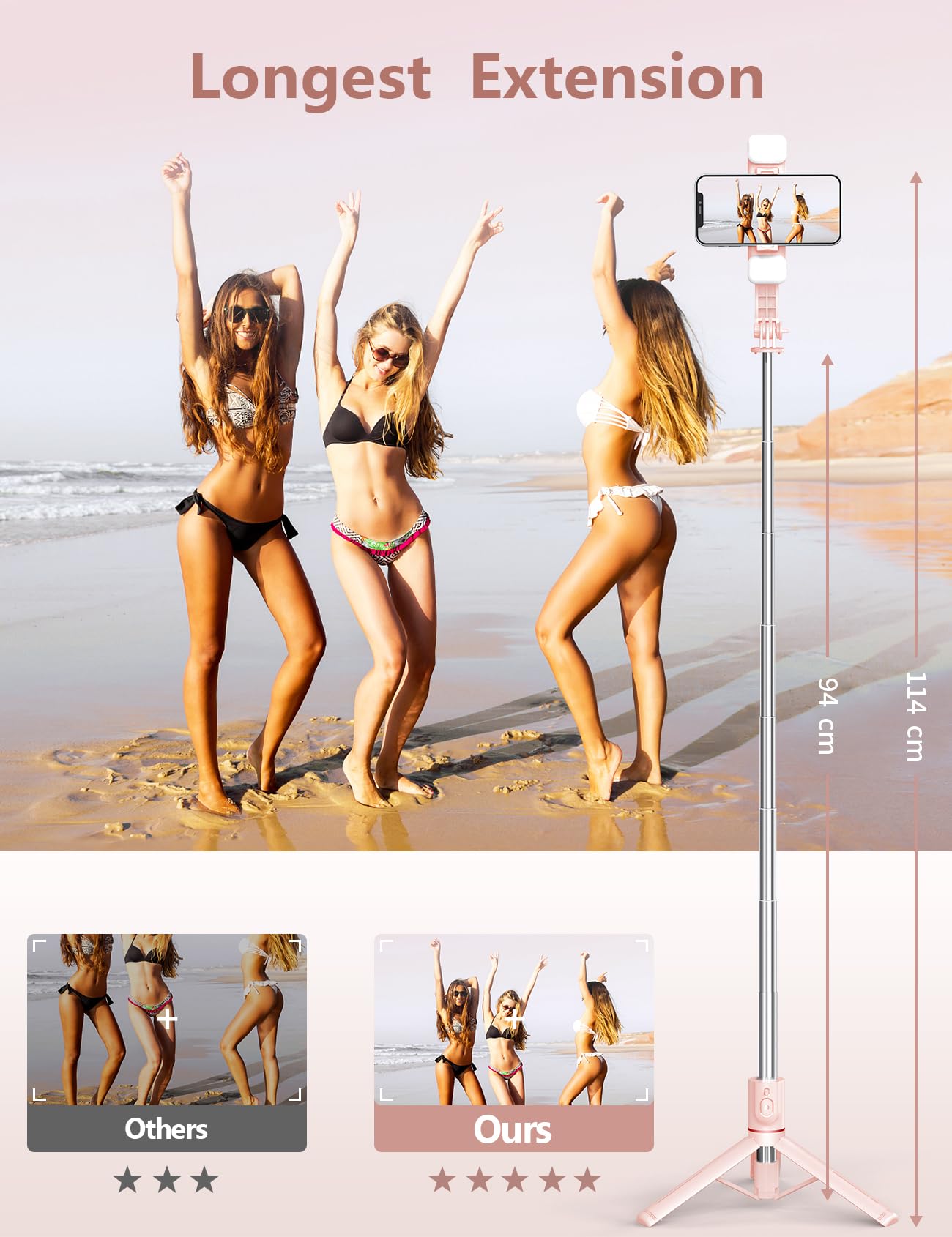 Selfie Stick Tripod with 2 Fill Lights, 45'' Extra Long Phone Tripod with Detachable Remote, Compatible with iPhone, Samsung, Smartphones