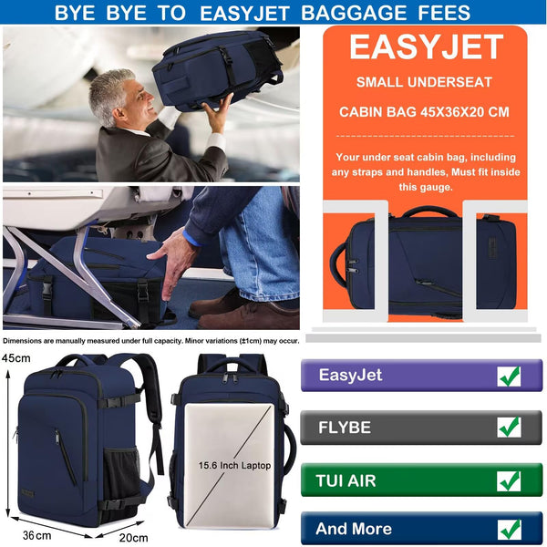 Cabin Bags 40x20x25 for Ryanair Underseat 20L Small Travel Hand Luggage Backpack Carry-ons Bag Cabin Size for Airplanes Flight Bag Travel Rucksack Fit 14 Inch Laptop with USB Charging Port-Black