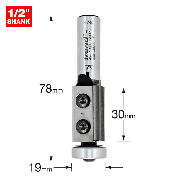 Trend Professional Guided Trimmer, 1/2 Inch Shank, 12.7mm Cut Diameter, 50mm Cut Length, Tungsten Carbide Tipped, 46/23X1/2TC
