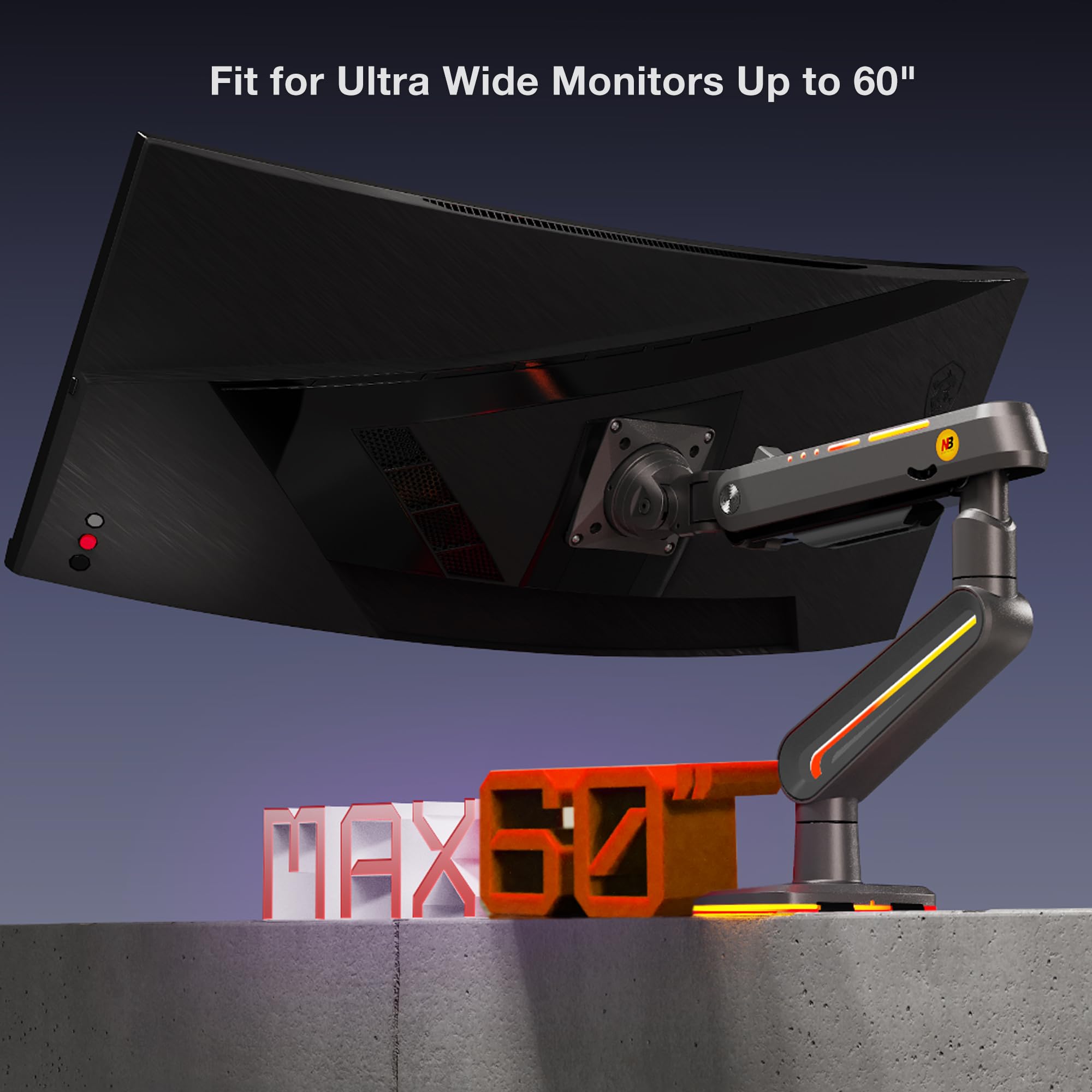 NB Ergonomic Monitor Stand for Screen 32 to 60 inch, RGB Ultrawide Curved Monitor Arm 49 57 inch - Load up to 20 kg, VESA 75 & 100 mm (Black)