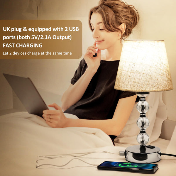 Euxper Touch Bedside Table Lamp, Crystal Table Lamps with USB C+A Charging Ports, 3 Way Dimmable, Set of 2 with White Fabric Shade for Bedroom (2 LED