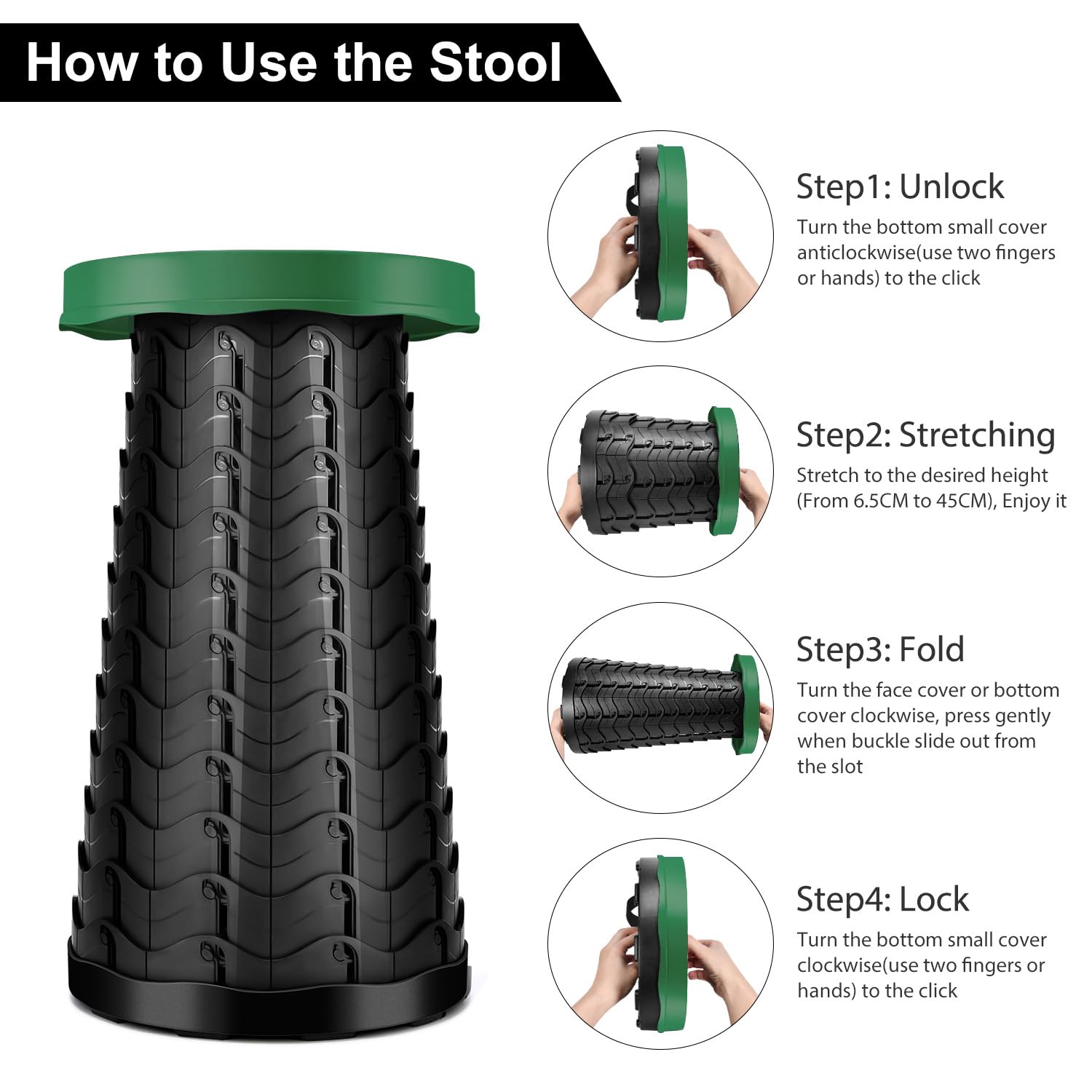 LUXJET Portable Folding Stool Lightweight Yet More Sturdy with Load Capacity 180KG, Retractable Plastic Foldable Collapsible Stool for Camping Fishing Hiking BBQ Outdoors Indoors Kitchen