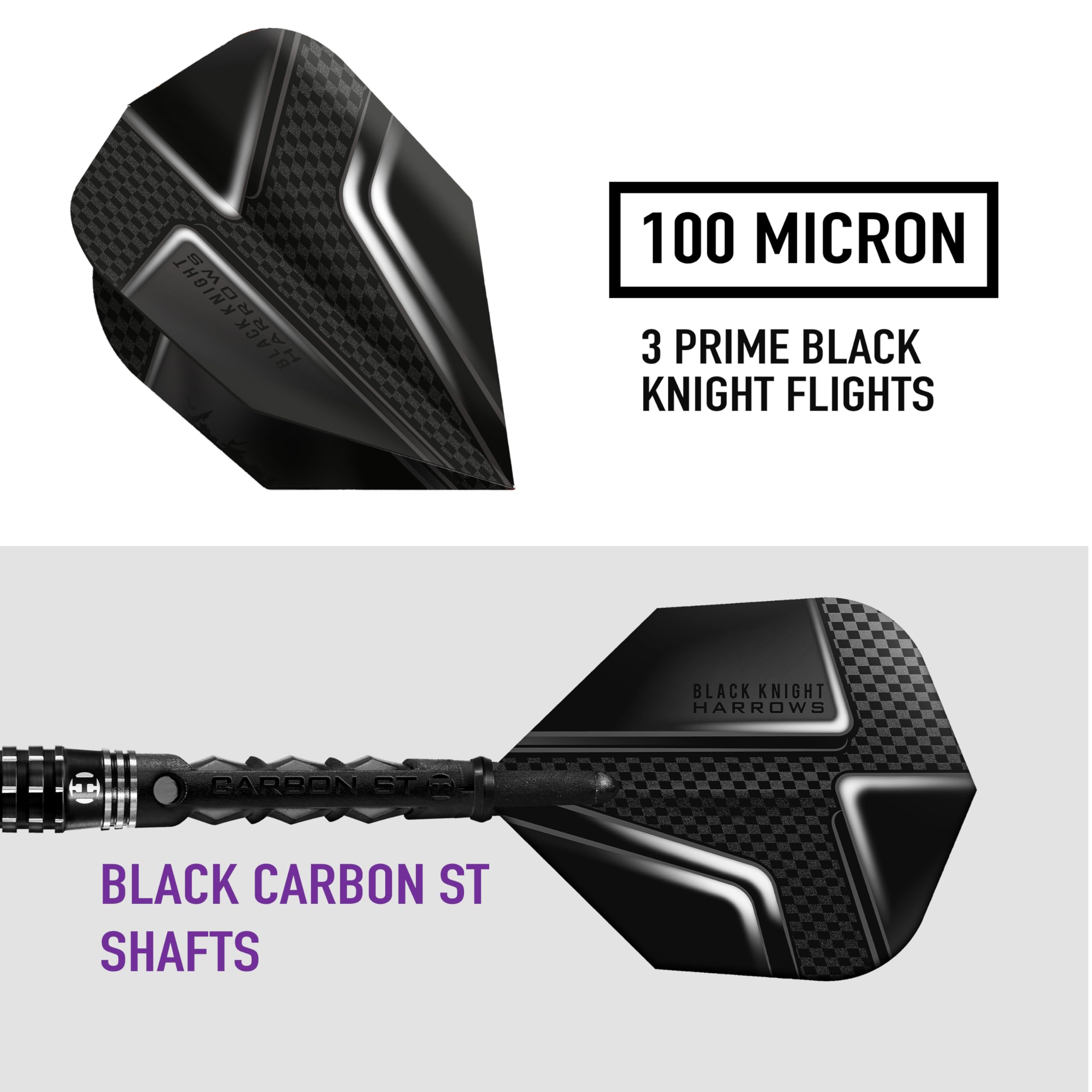 Harrows Black Knight 90% Tungsten Steel Tip Darts Set, 21g - 26g - Includes Black Carbon ST Midi Shafts & Micron Black Knight Flights (25g)