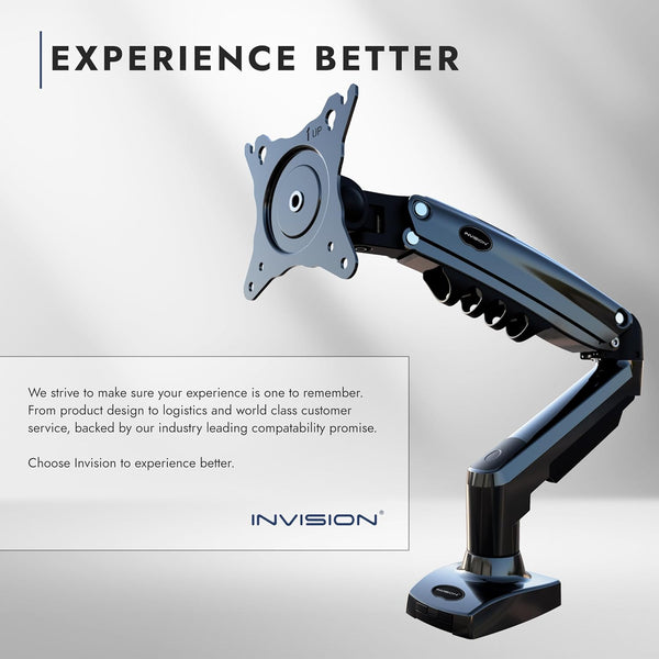 Invision Single Monitor Arm Desk Mount for 19-32 Inch Screens - VESA 75/100mm Stand Desk Clamp - Tool Free Height Adjustment with Tilt Swivel Rotate - Increased Load Capacity from 2-9kg (MX200)