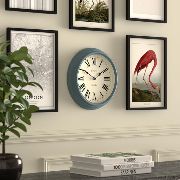 Jones Clocks Venetian wall clock | Classic round clock | 30cm | Blue | Roman numerals | Traditional design ideal for kitchen, living room or bedroom