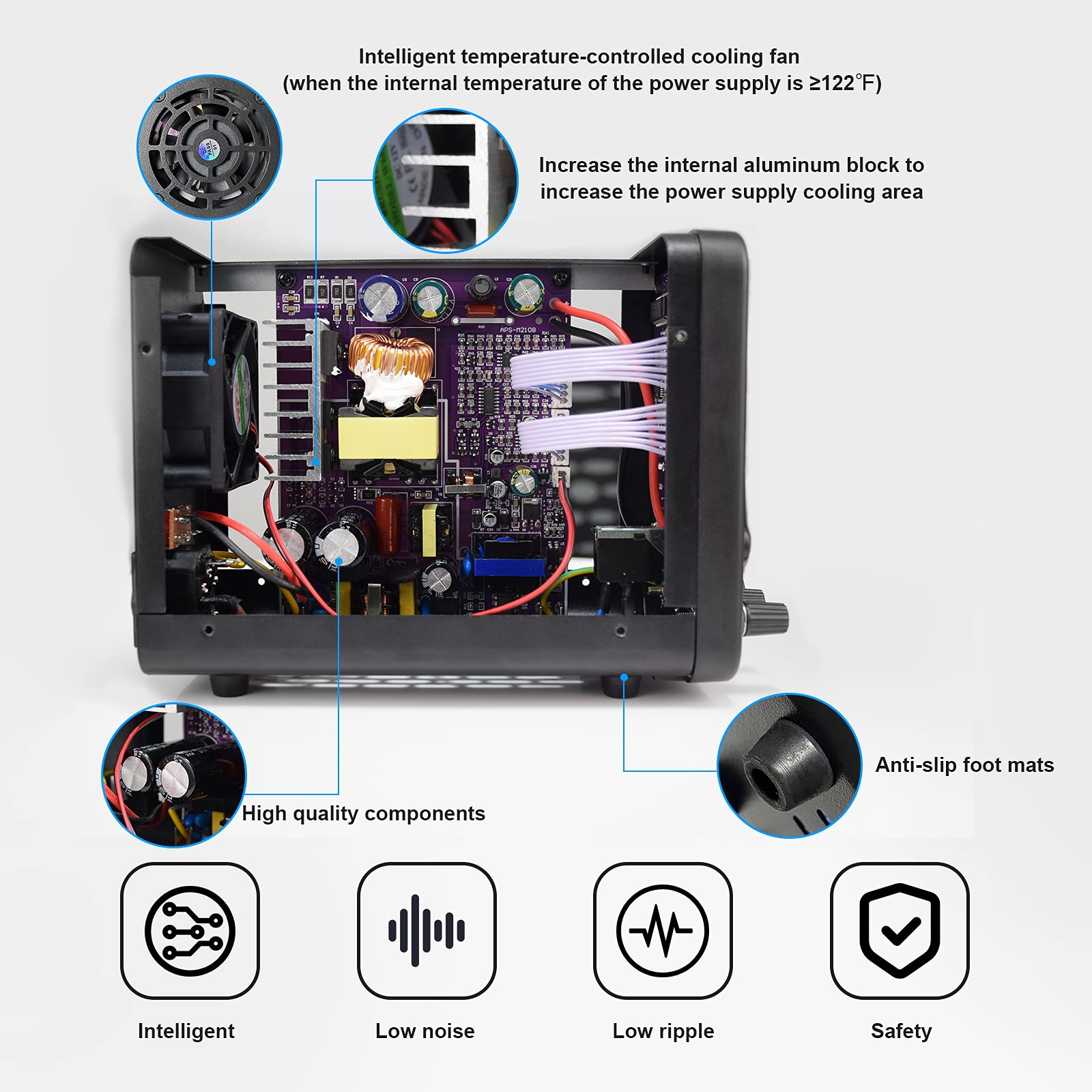 DC power supply (0-30V,0-10A) adjustable, switching power supplies, mini high precision 4-digit display with USB fast charging interface, variable lab bench power supply, output button/encoder knob