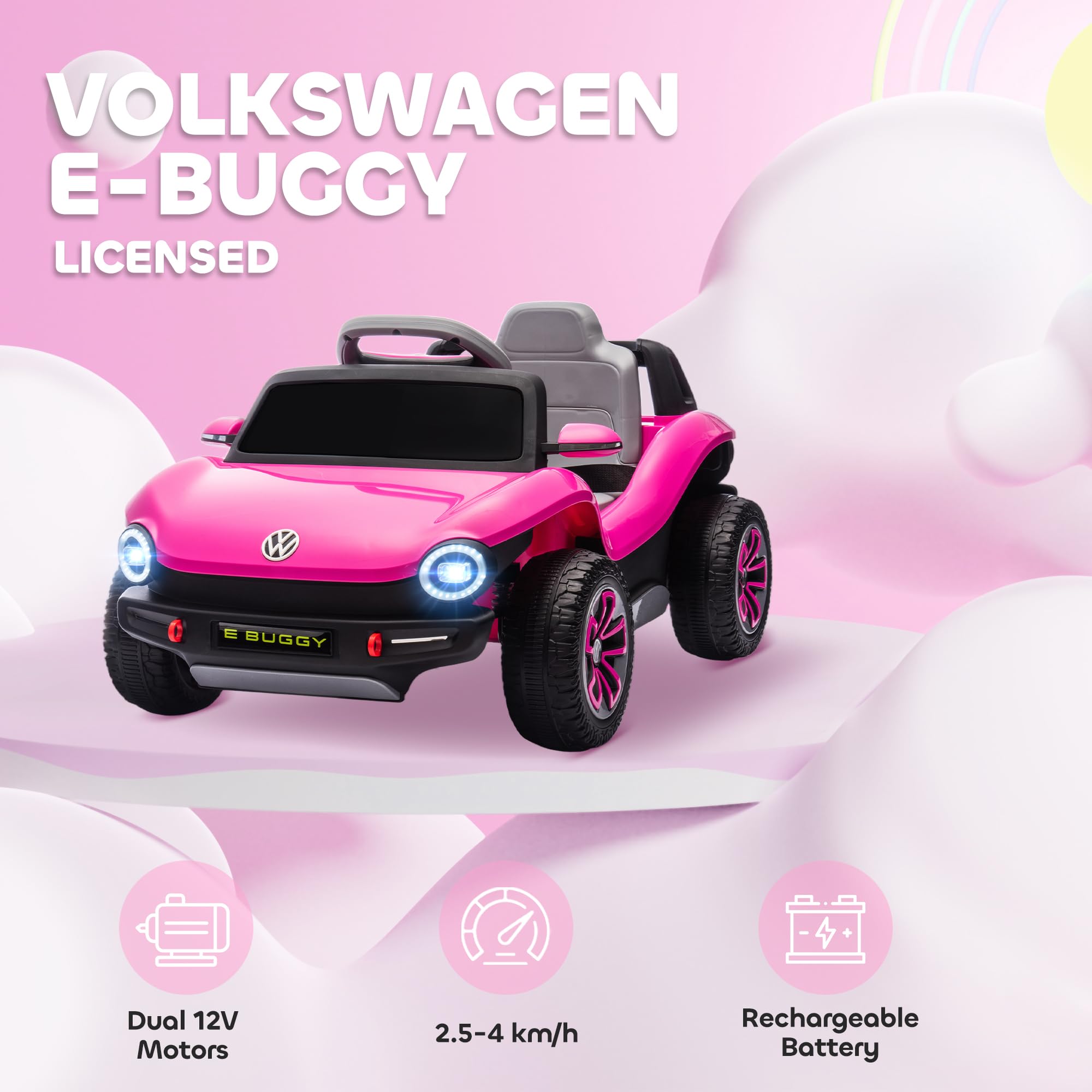 AIYAPLAY Volkswagen E-Buggy Licensed Electric Car for Kids, 12V Kids Electric Ride on with Remote Control, Suspension, Slow Start, LED Lights, USB, Music, Horn, for Ages 3-6 Years, Pink