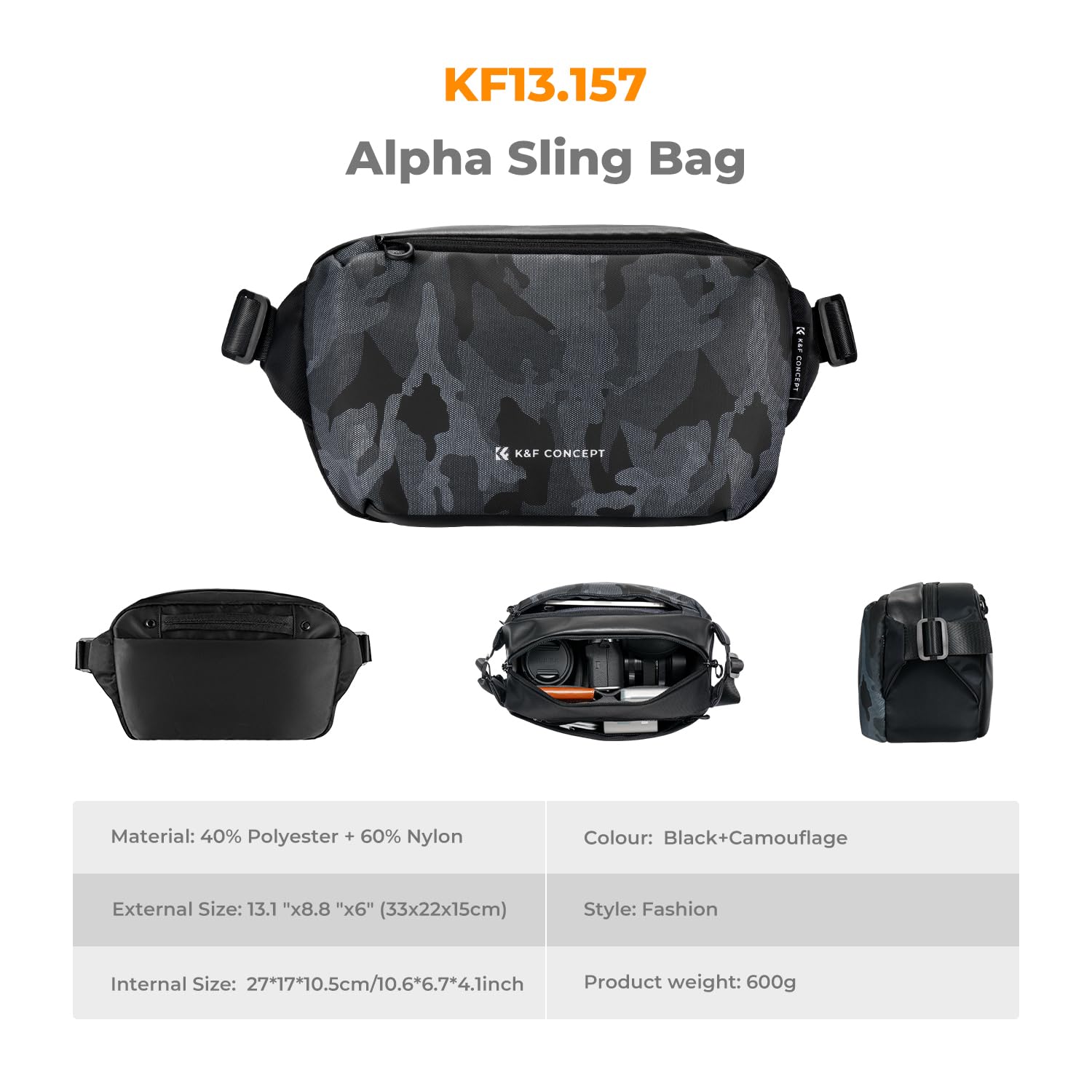 K&F Concept Camera Sling Bag, Camera Bag for DSLR and Lenses, Single Shoulder Camera Case Crossbody Bag with Tripod Holder for SLR Canon Sony Nikon Drone