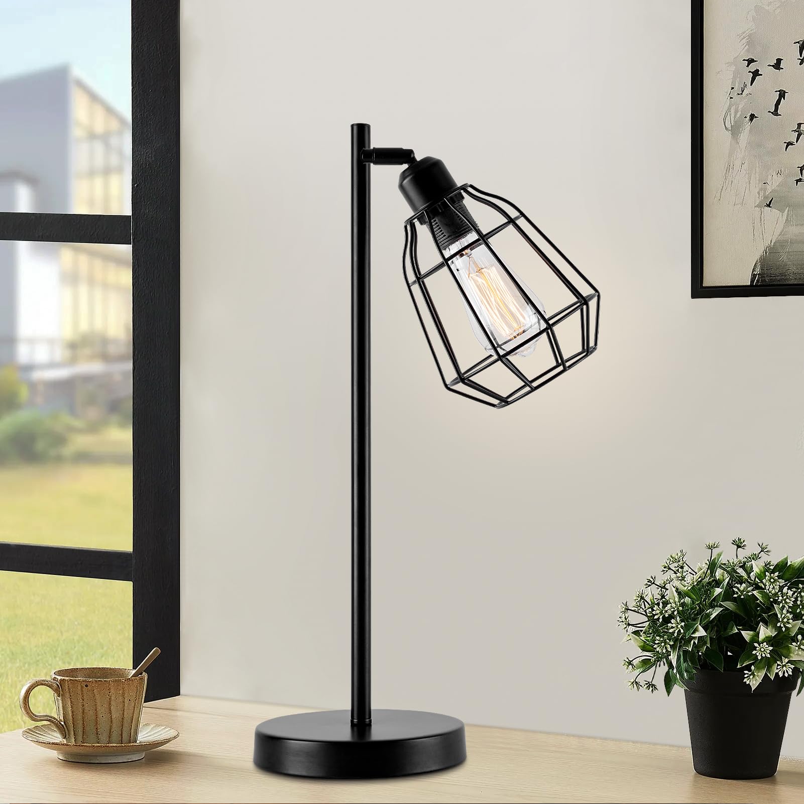 HARPER LIVING Plug in Table Lamp, Caged Bedside Table Light with Switch, E27 Cap, Reading Desk Lamp Black Vintage Finish, Ideal for Living Room,